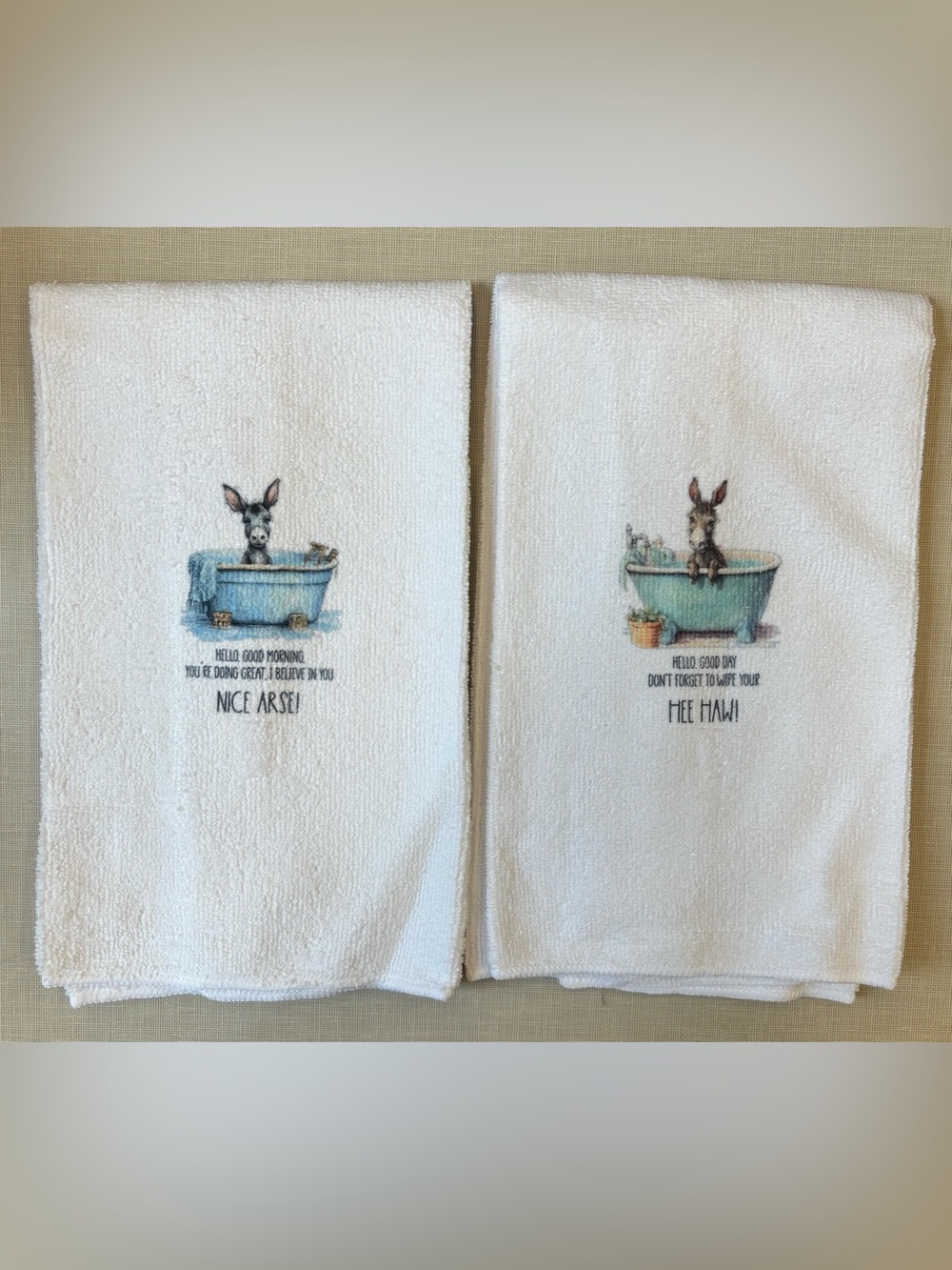 NEW Embroidered Donkey Bath Towels - White with Blue Bathtub Motif